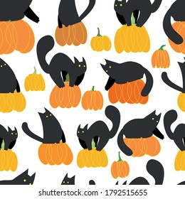 seamless pattern with cats and pumpkins halloween on white background. children's halloween pattern for printing. vector illustration of black cat with yellow eyes.