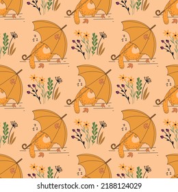 Seamless pattern with cats. Pattern with pumpkins. Halloween, flowers, cat, autumn, leaves.