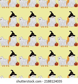 Seamless pattern with cats. Pattern with pumpkins. Halloween, flowers, cat, autumn, leaves.