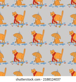 Seamless pattern with cats. Pattern with pumpkins. Halloween, flowers, cat, autumn, leaves.