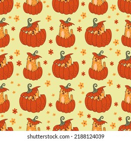 Seamless pattern with cats. Pattern with pumpkins. Halloween, flowers, cat, autumn, leaves.