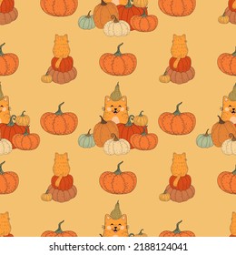 Seamless pattern with cats. Pattern with pumpkins. Halloween, flowers, cat, autumn, leaves.