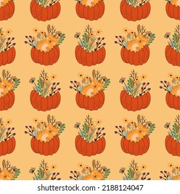 Seamless pattern with cats. Pattern with pumpkins. Halloween, flowers, cat, autumn, leaves.