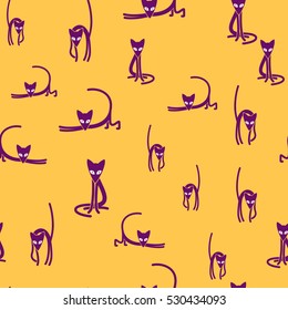 Seamless pattern with cats, purple, orange and gray.