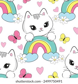 Seamless pattern with cats and rainbow background vector illustration 