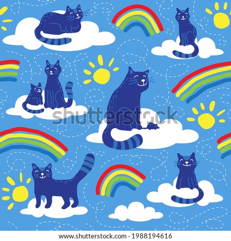 Seamless pattern with cats and rainbow. The souls of pets in heaven. Vector illustration. Flat design elements for fabric, banner, wallpaper, gift wrap.