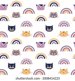 Seamless pattern with cats and rainbows. Bright cute vector illustration for kids. The print is suitable for printing on fabric, clothing, wrapping paper, bedding for children.