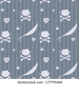 Seamless pattern with  cats, sabers and diamonds