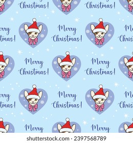 Seamless pattern with cats in a Santa Claus hat.. For  fashion print, wallpaper, packaging  and other design. 