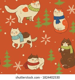 Seamless pattern with cats in scarves and snowflakes. Vector graphics.