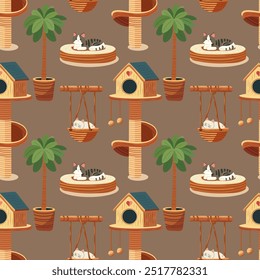 Seamless pattern for cats. Scratching post, bed and house for cats. Tree, swing for a cat. Design for packaging, fabric, accessories, vector.