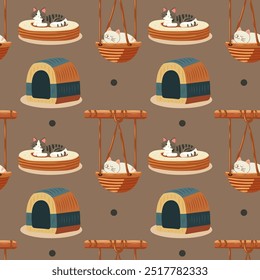 Seamless pattern for cats. Scratching post, bed and house for cats. Tree, swing for a cat. Design for packaging, fabric, accessories, vector.