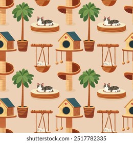 Seamless pattern for cats. Scratching post, bed and house for cats. Tree, swing for a cat. Design for packaging, fabric, accessories, vector.