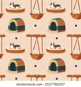 Seamless pattern for cats. Scratching post, bed and house for cats. Tree, swing for a cat. Design for packaging, fabric, accessories, vector.