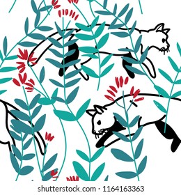 Seamless pattern with cats. Short-tailed cats in flowers. Japanese Bobtail. Stylish children's pattern. Youth, summer.