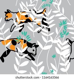 Seamless pattern with cats. Short-tailed cats in flowers. Japanese Bobtail. Stylish children's pattern. Youth, summer.
