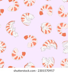 Seamless pattern with cats and shrimps. Vector graphics.