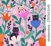 Seamless pattern with cats sitting in a flowers. Vector graphics.
