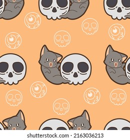 Gatos de patrón sin foco y cráneo en el día de Halloween