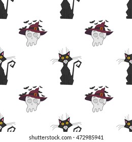 A seamless pattern of the cats and skulls