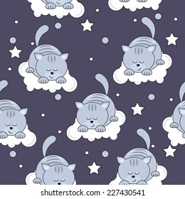 Seamless pattern with cats sleeping on clouds.  Endless texture can be used for wallpaper, pattern fills and baby greeting cards.Vector illustration 