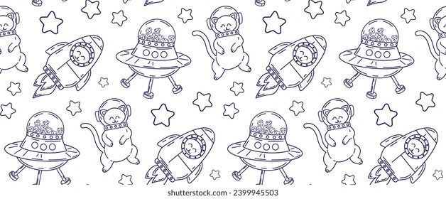 Seamless pattern with cats in space in linear style. Children's styling for fabric, wrapping paper, T-shirt print.