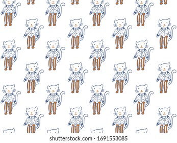 Seamless pattern from cats in striped trousers and a polka dot shirts with a bow ties. Scandinavian-style feline family pets for children's design,  textile, fabric, wrapping papper, clothing. Vector.