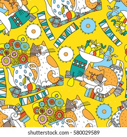 Seamless pattern with cats, teapots and abstract shapes on a yellow background.