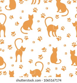 Seamless pattern with cats and traces. Template for design, fabric, print.