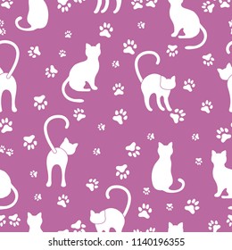 Seamless pattern with cats and traces. Template for design, fabric, print.