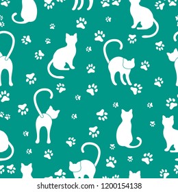 Seamless pattern with cats and traces. Template for design, fabric, print.