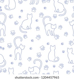 Seamless pattern with cats and traces. Template for design, fabric, print.