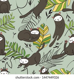 
Seamless pattern with cats and tropical leaves. Fashionable style.Vector doodle illustration EPS10