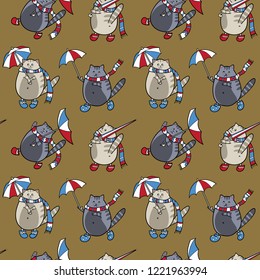 Seamless pattern with cats and umbrellas in white, blue, red and gray colors