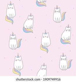 Seamless pattern  with cats unicorns on pink background.  Cute cat, polka dots. Doodle cartoon style. Vector illustration.  For the design of textiles, fabric, wallpaper.