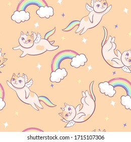 Patrón sin fisuras de gatos unicornios y arcos. Gráficos vectoriales