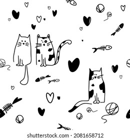 Seamless pattern with cats. Valentine's Day. Great for postcards, stickers, fabric and textile. White isolated background.