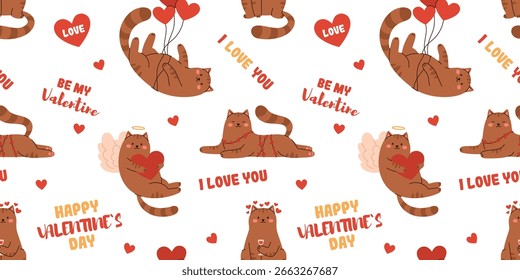 Seamless pattern with cats for Valentine's Day. Flat vector illustration.