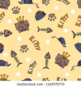 Seamless pattern with cats, vector illustration, trace, by hand