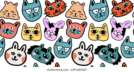 patrón sin fisuras con gatos en vectorial.tapicería coloreada en estilo doodle.Plantilla para fondo, impresión en tela y merch. Una serie de patrones con rostros de gato de estilo plano