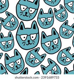 patrón sin fisuras con gatos en vectorial.tapicería coloreada en estilo doodle.Plantilla para fondo, impresión en tela y merch. Una serie de patrones con rostros de gato de estilo plano