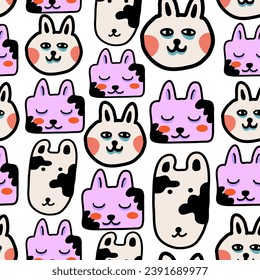 seamless pattern with cats in vector.colored wallpaper in doodle style.Template for background, printing on fabric and merch. A series of patterns with cat faces in flat style