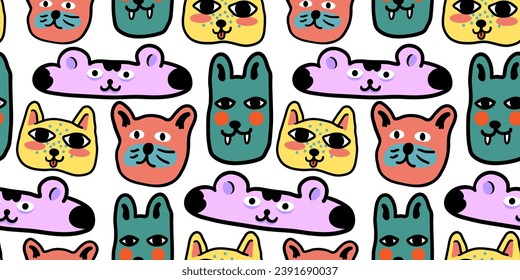 seamless pattern with cats in vector.colored wallpaper in doodle style.Template for background, printing on fabric and merch. A series of patterns with cat faces in flat style