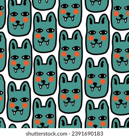 seamless pattern with cats in vector.colored wallpaper in doodle style.Template for background, printing on fabric and merch. A series of patterns with cat faces in flat style