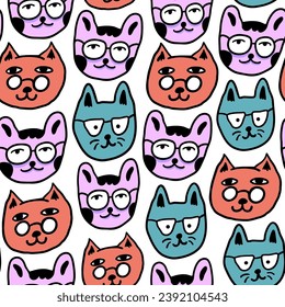 seamless pattern with cats in vector.colored wallpaper in doodle style.Template for background, printing on fabric and merch. A series of patterns with cat faces in flat style