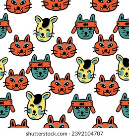 seamless pattern with cats in vector.colored wallpaper in doodle style.Template for background, printing on fabric and merch. A series of patterns with cat faces in flat style