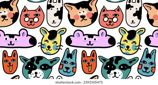 seamless pattern with cats in vector.colored wallpaper in doodle style.Template for background, printing on fabric and merch. A series of patterns with cat faces in flat style