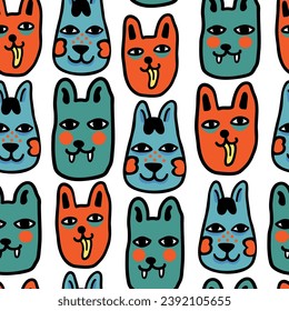 seamless pattern with cats in vector.colored wallpaper in doodle style.Template for background, printing on fabric and merch. A series of patterns with cat faces in flat style