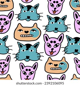 seamless pattern with cats in vector.colored wallpaper in doodle style.Template for background, printing on fabric and merch. A series of patterns with cat faces in flat style