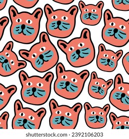 seamless pattern with cats in vector.colored wallpaper in doodle style.Template for background, printing on fabric and merch. A series of patterns with cat faces in flat style